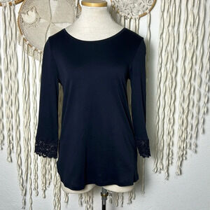 Hanro Black Cotton 3/4 Sleeve Tee with Lace Cuff Size Small